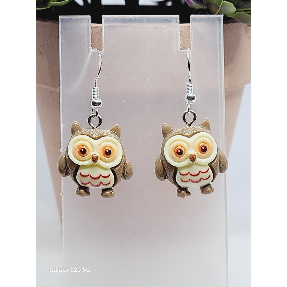 Brown Owl Bird Drop Dangle Earrings Brown‎ Grey Nature Whimsical
